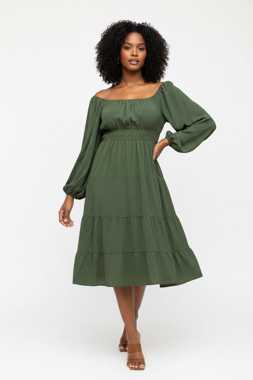 Long Sleeve Woven Tiered Dress With Waist Elastic And Side Pockets