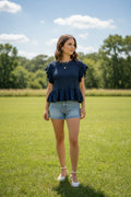 C6407-T Chambray Scalloped Sleeve Smocked Top