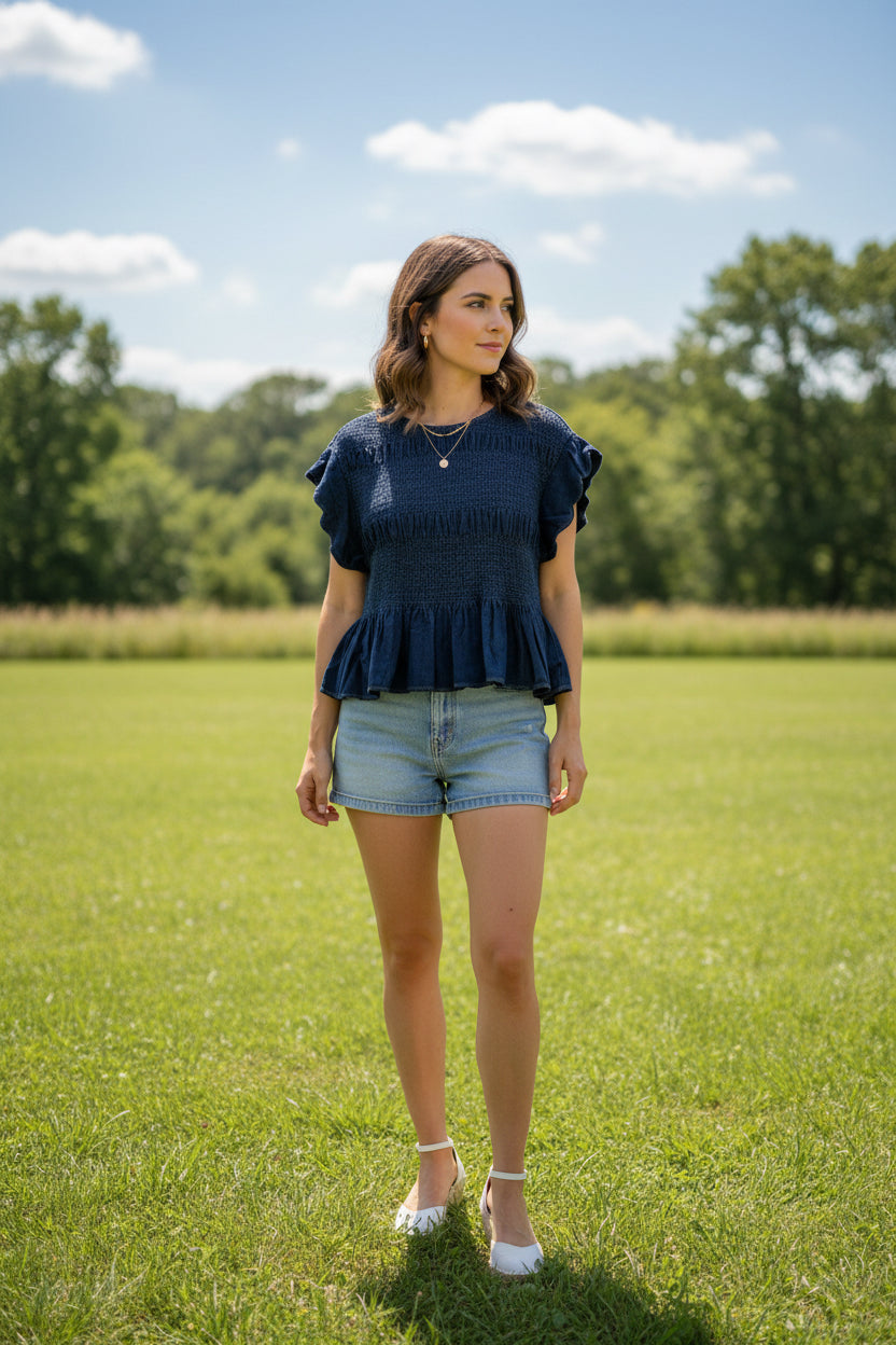 C6407-T Chambray Scalloped Sleeve Smocked Top