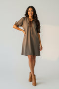Puff Sleeve Contrast Neck Lace Up Brushed Twill Mini Dress With Pockets