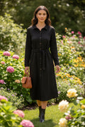 Long Sleeve Textured Button Down Shirt Dress With Sash