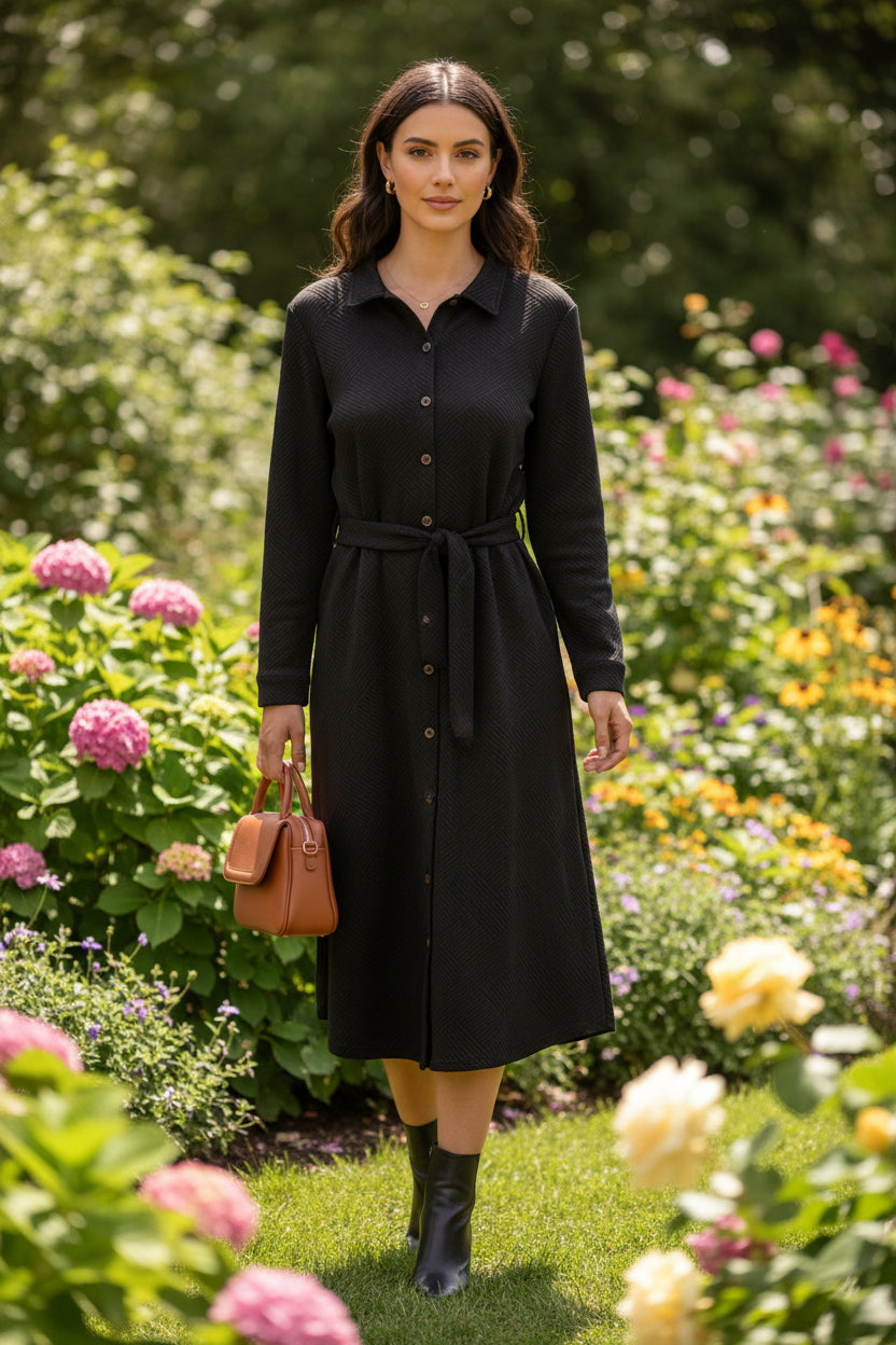 Long Sleeve Textured Button Down Shirt Dress With Sash