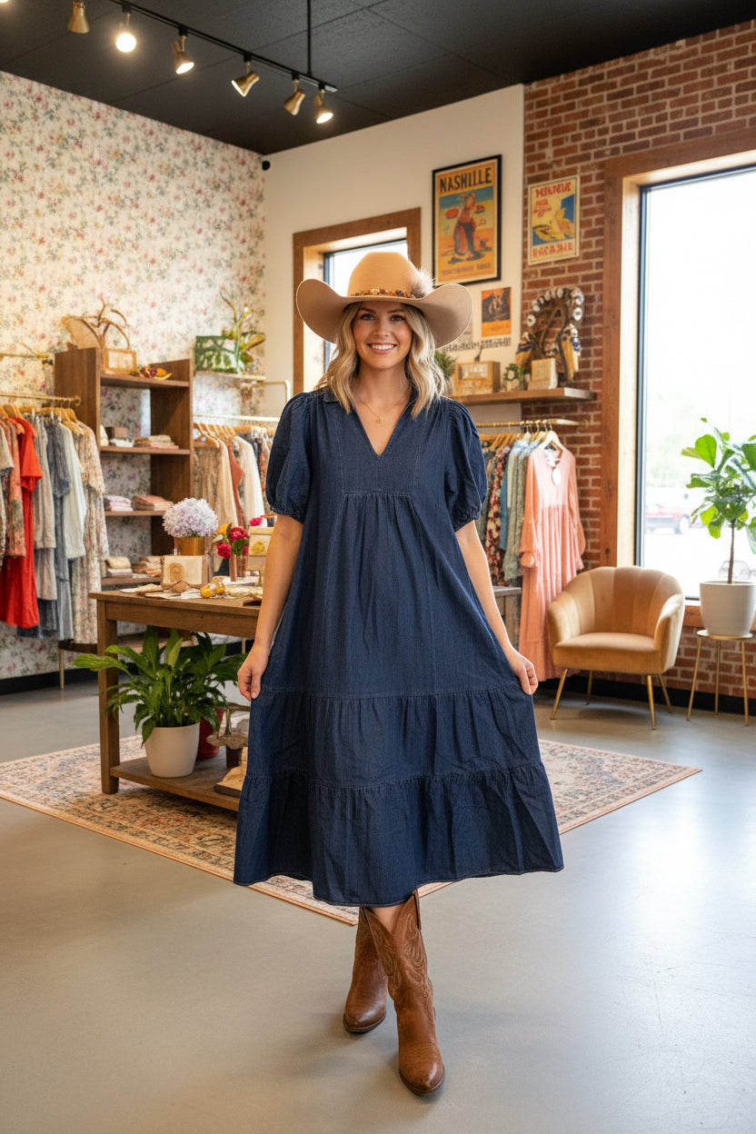 D1044 Denim Collared V-Neck Tiered Midi Dress
