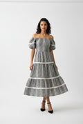 Short Sleeve Embroidered Gingham Tiered Midi Dress with Pockets