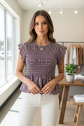 Checkered Scalloped-Sleeve Smocked Top