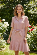 Short Sleeve Front Tie Striped Mini Dress With Pockets