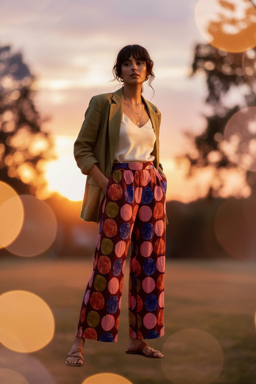 C6424 Dot Print Wide Leg Pull On Skirt Pants