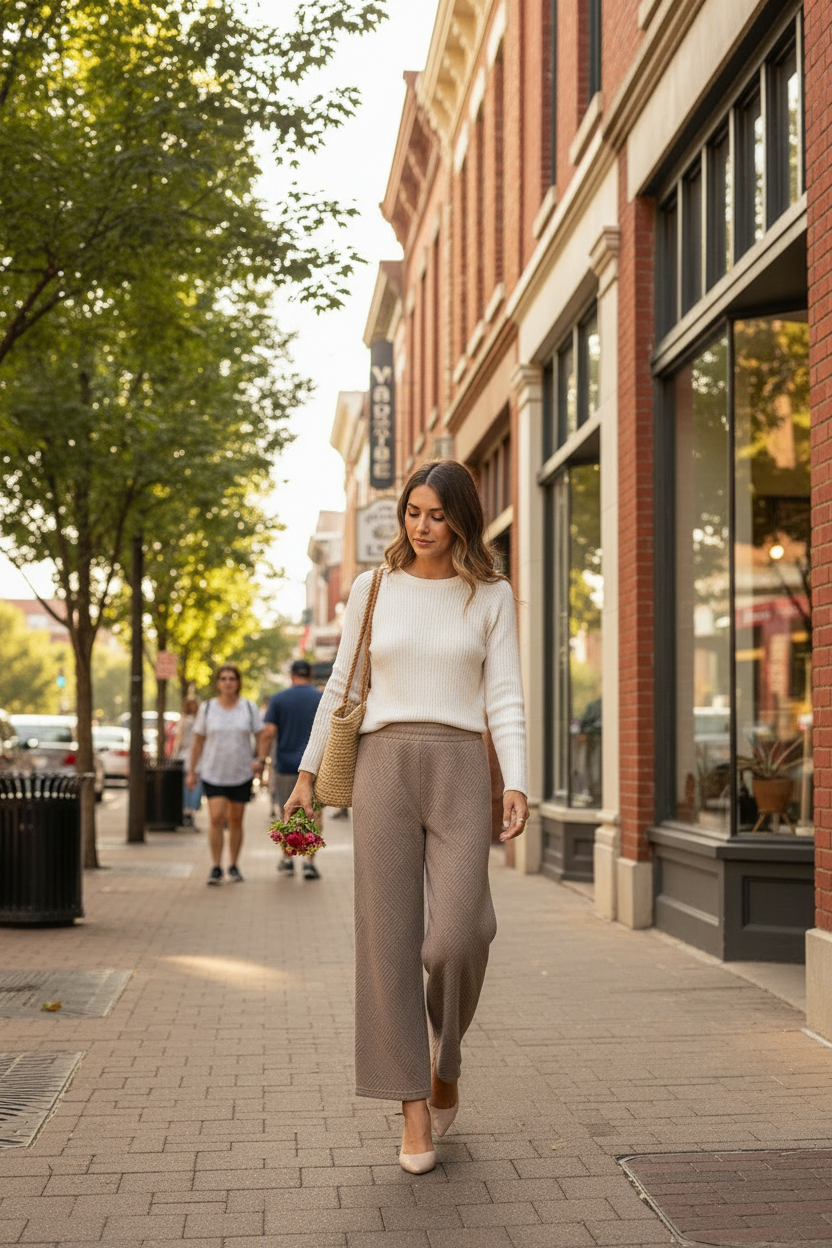 Elastic Waist Quilted Texture Knit Capri Pants with Pockets