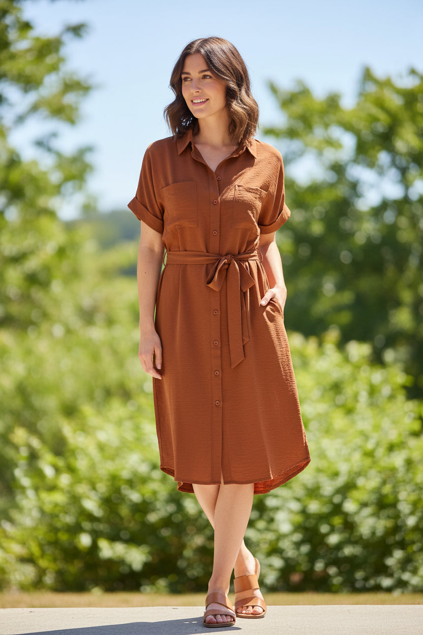 Drop Shoulder Button Up Woven Shirt Dress