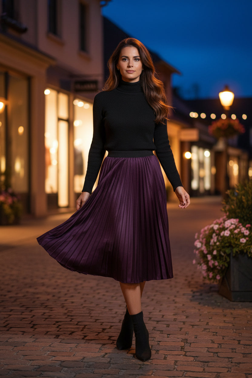Pleated Satin Midi Skirt With Elastic Waistband