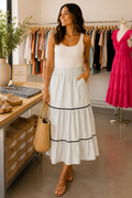 Woven Striped Tiered Long Skirt with Elastic Waist and Pockets