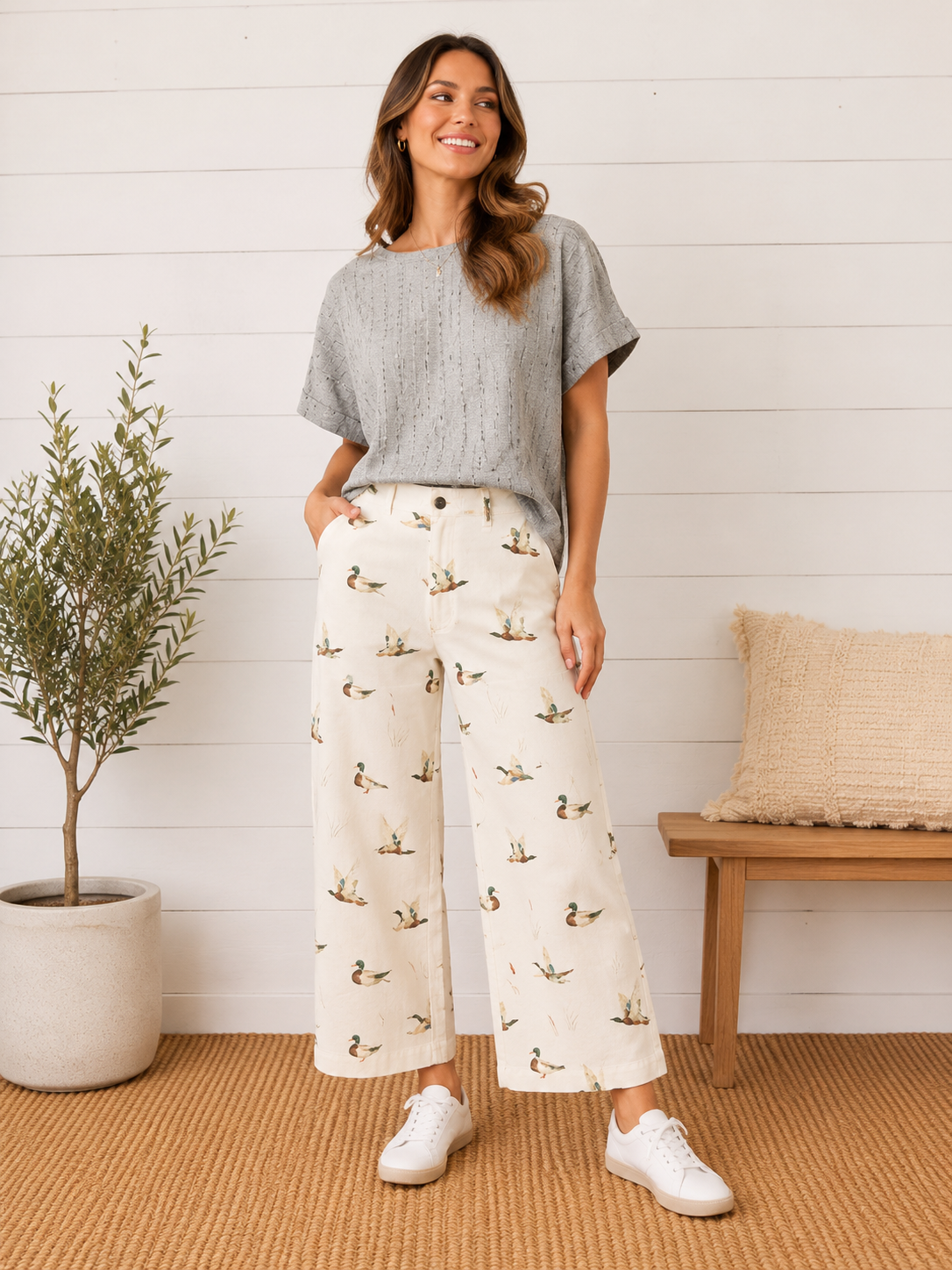 Mallard Printed Stretch Denim Wide Leg Jeans