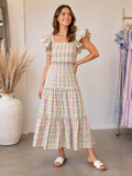 Gingham Check Flutter Sleeve Tiered Midi Dress