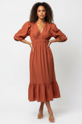 Bubble Sleeve Side Pocket Midi Dress