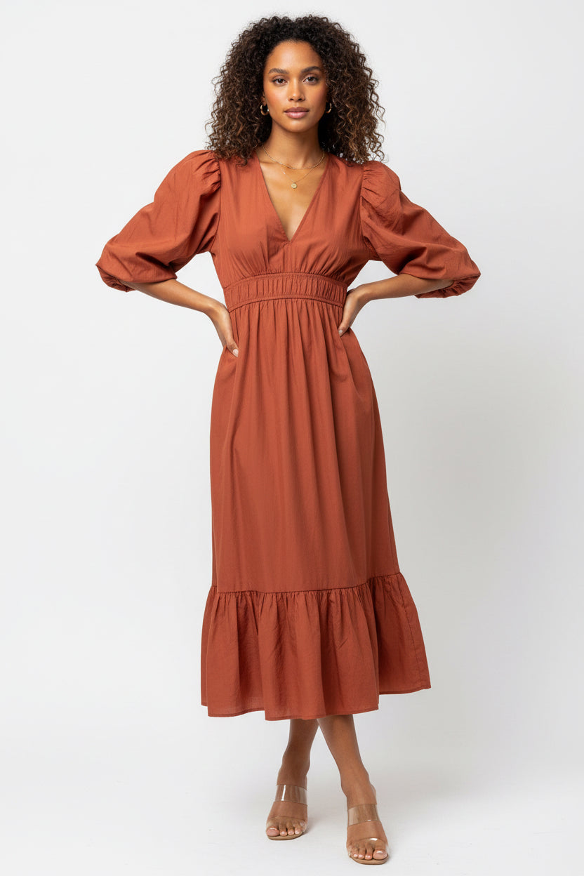 Bubble Sleeve Side Pocket Midi Dress