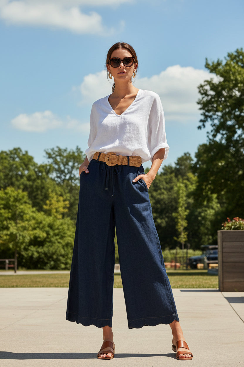 C6407-P Chambray Scalloped Hem Pants