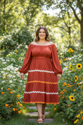 Plus Long Sleeve Woven Tiered Ric Rac Trim Dress
