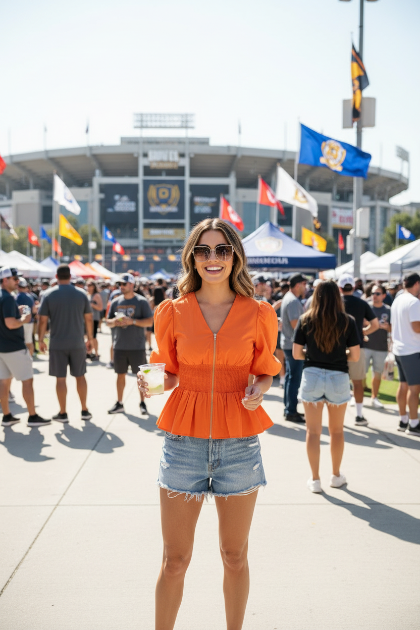 Game Day Puff Sleeve Waist Smocking Front Zipper Top