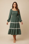 Plus Long Sleeve Smocked Contrast Lace Detail Tiered Woven Maxi Dress
