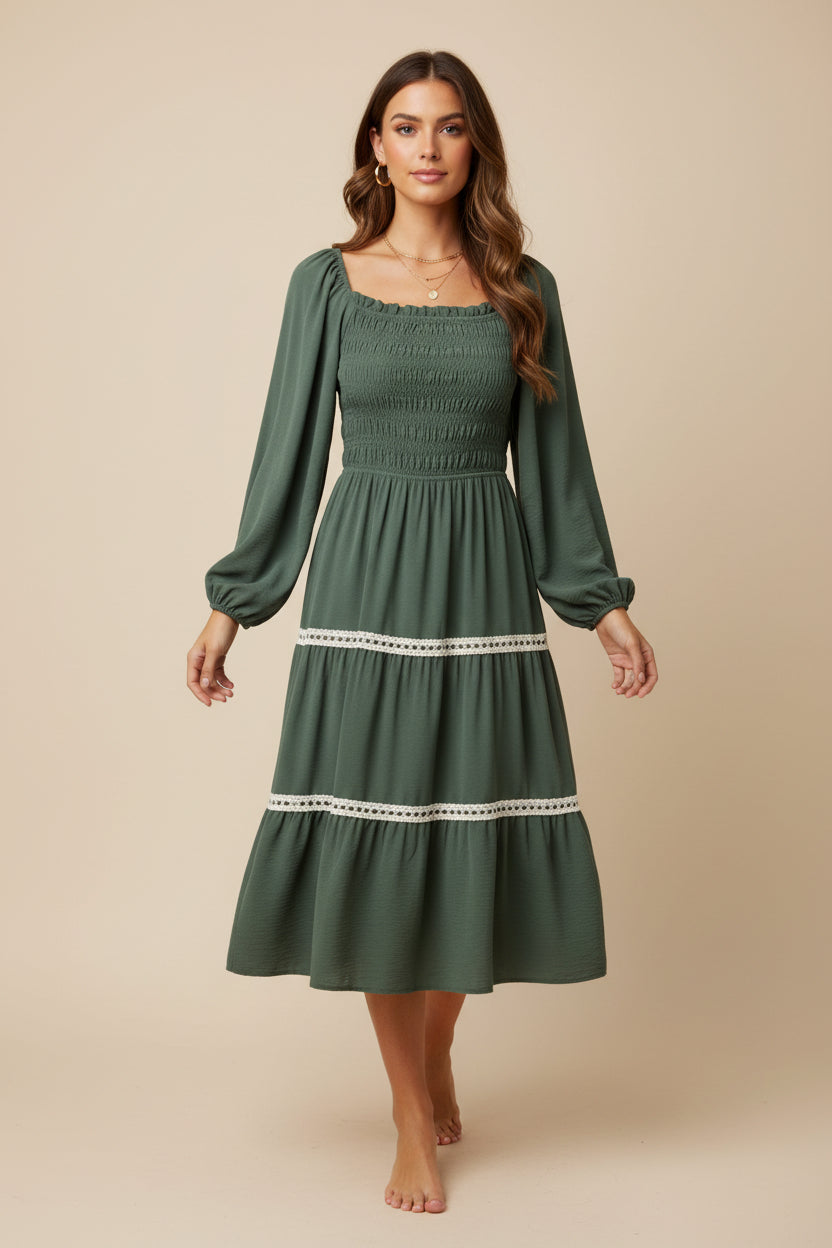Plus Long Sleeve Smocked Contrast Lace Detail Tiered Woven Maxi Dress