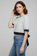 Half Sleeve Woven Striped Crop Top with Contrast Band and Back Tie