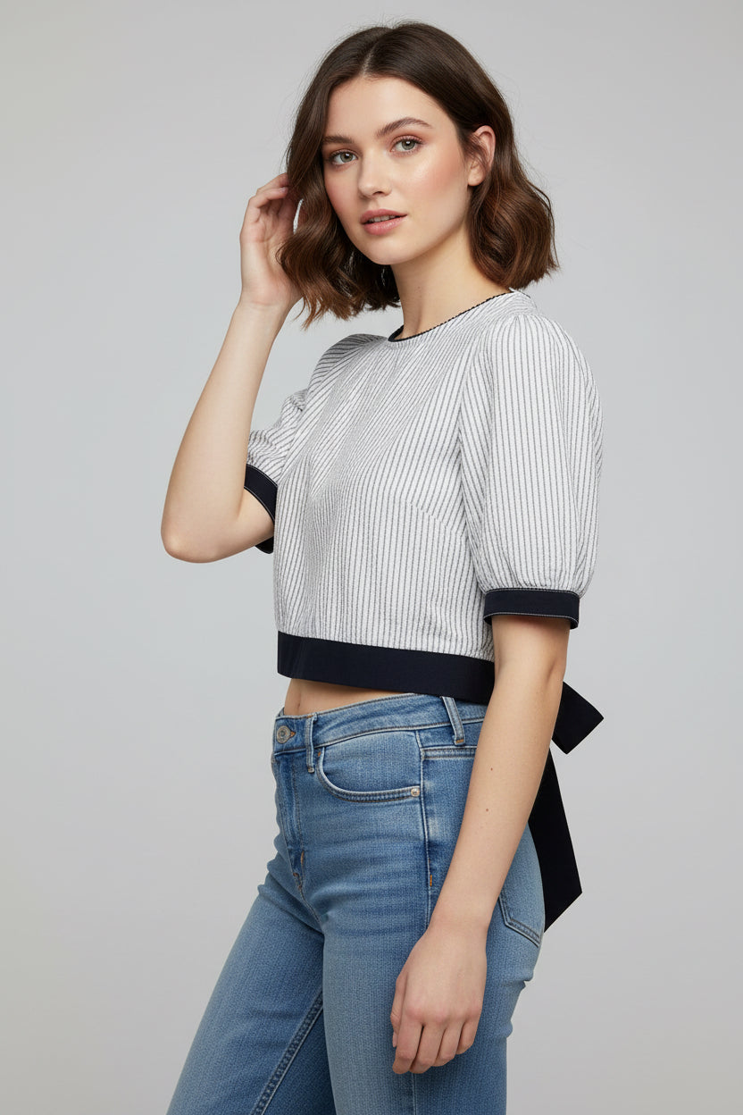 Half Sleeve Woven Striped Crop Top with Contrast Band and Back Tie