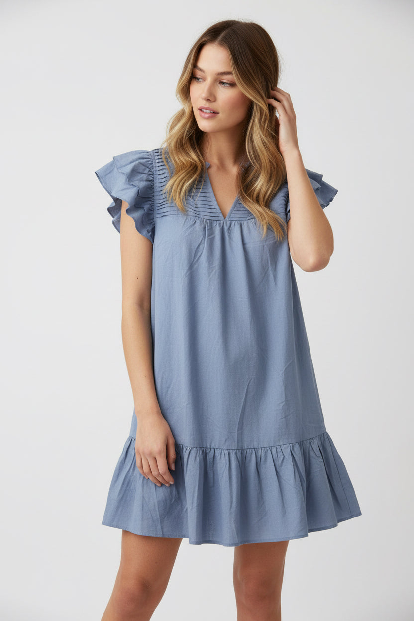 Ruffle Sleeve Pintuck Detail Mini Dress