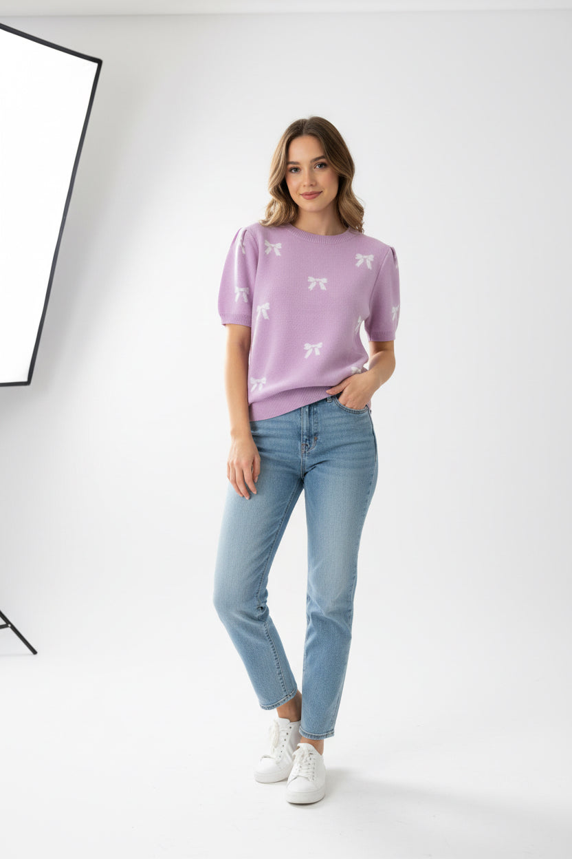 Plus Puff Short Sleeve Bow Pattern Sweater Top