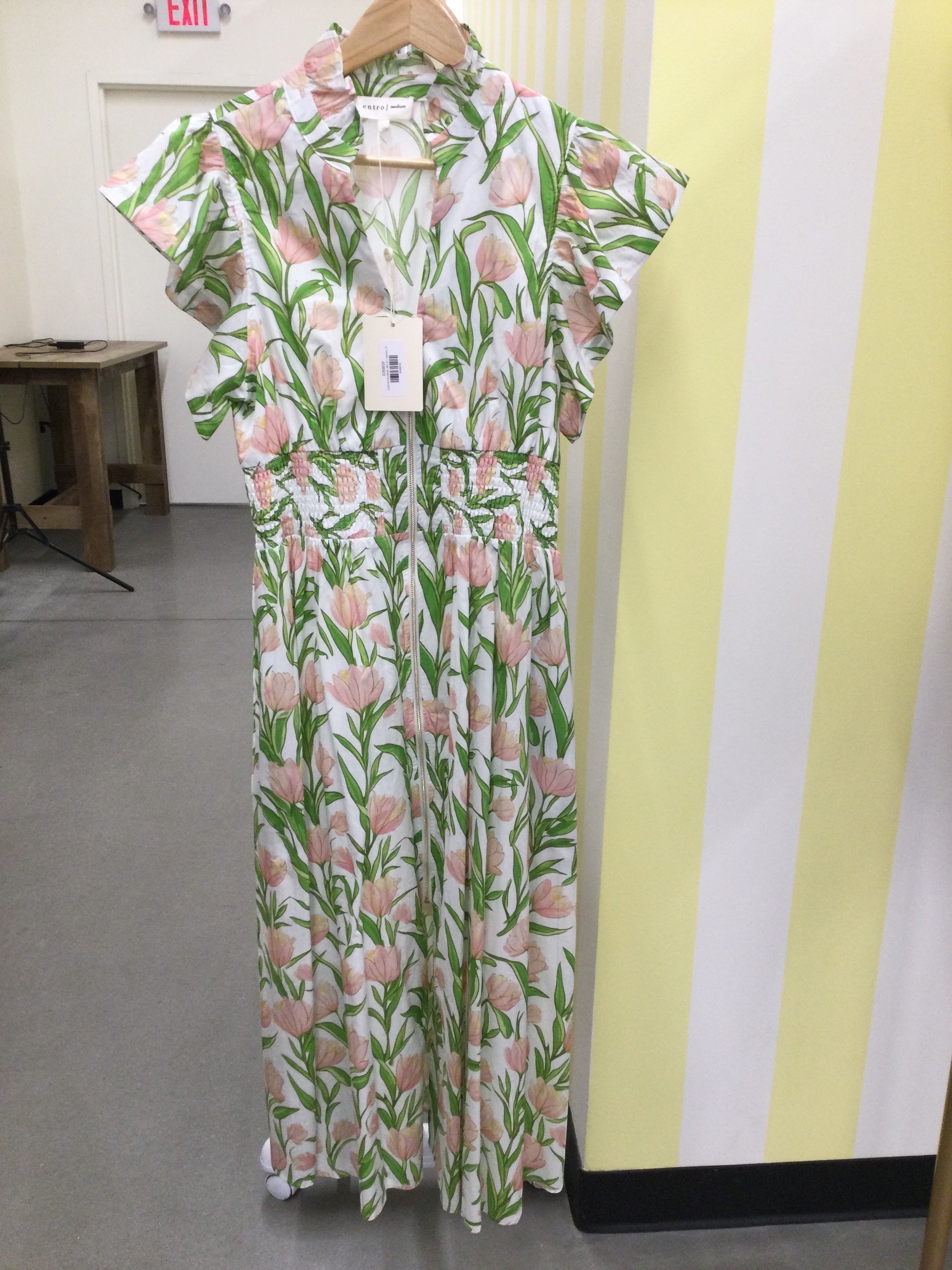White Midi dress with Pink Tulips and Green Leaves
