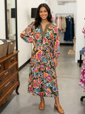 Abstract Print Embroidered Belted Midi Dress