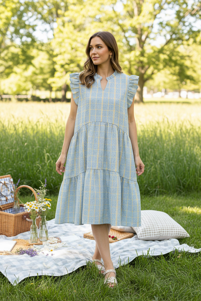 Bella Blue Check Ruffle Tiered Dress