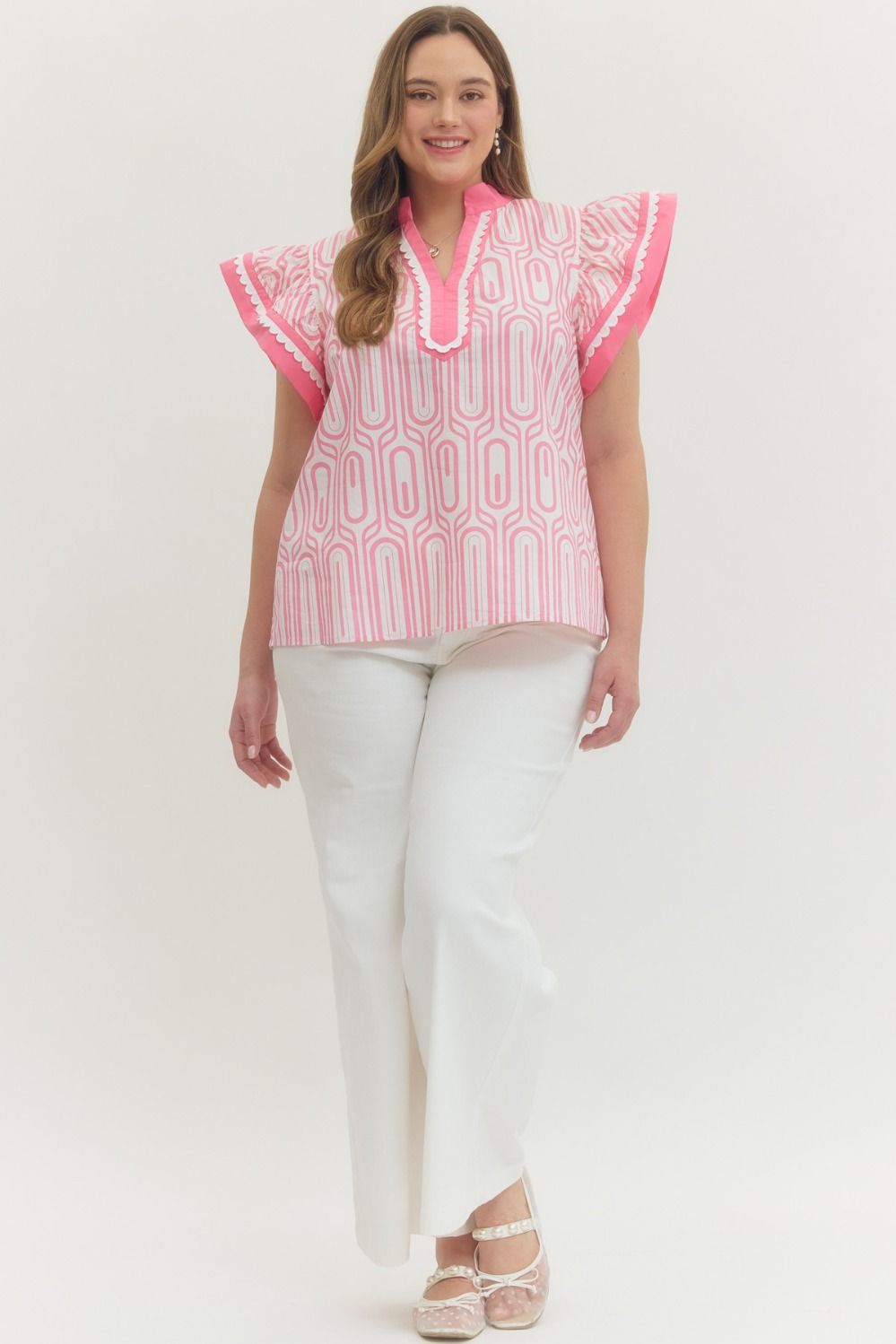 Pink Pop Scallop Trim Statement Top (Plus)