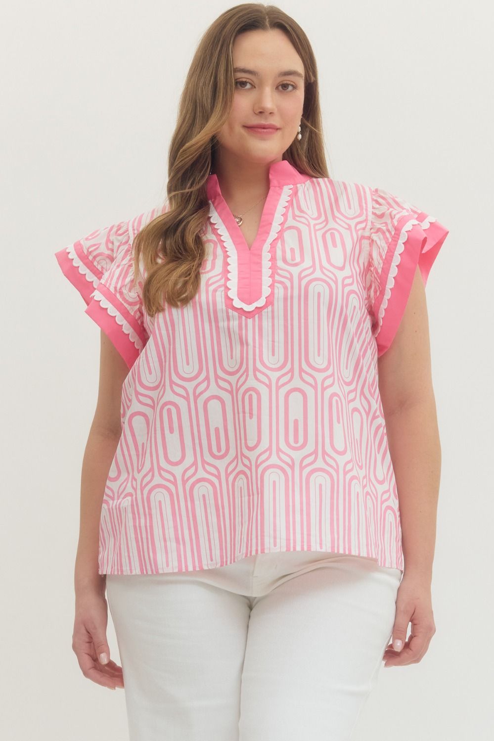 Pink Pop Scallop Trim Statement Top (Plus)