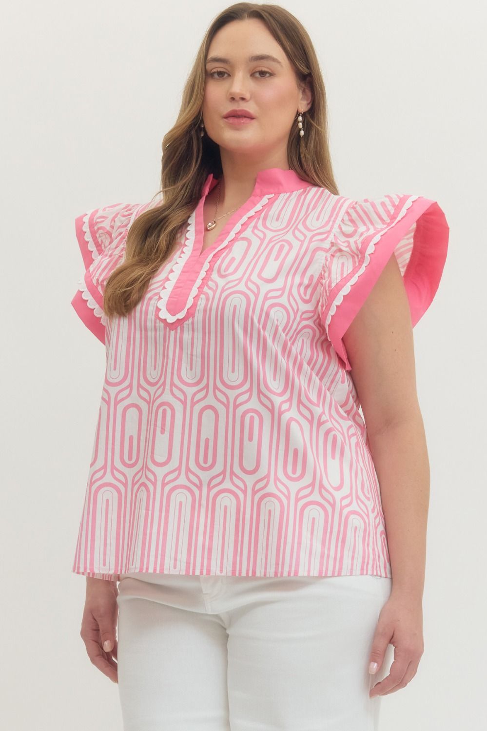 Pink Pop Scallop Trim Statement Top (Plus)