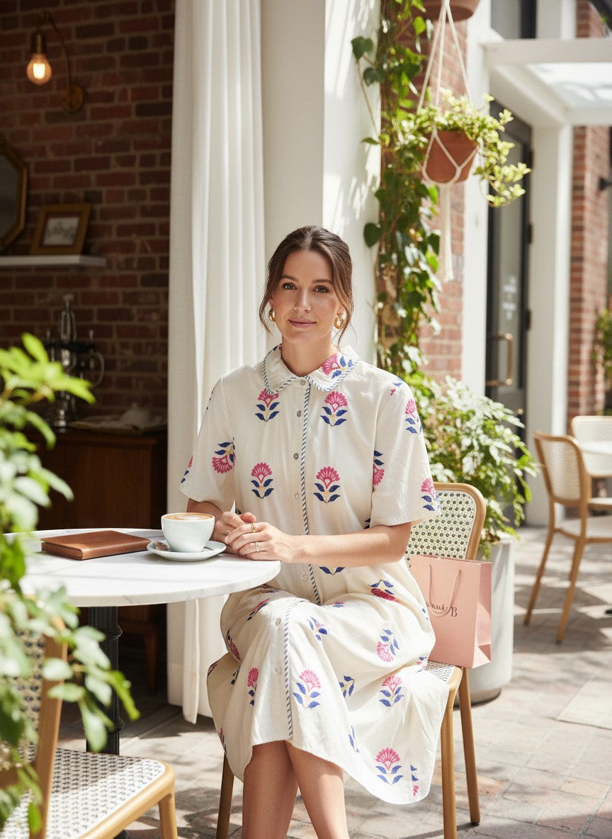 Cream Midi Dress with Pink and Blue Floral Print