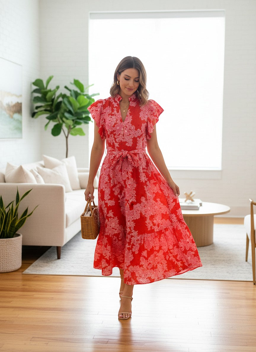 Swanky B Boutique red floral print midi dress with flutter sleeves, V-neck, and tie waist. Model is wearing heels and carrying a straw bag.