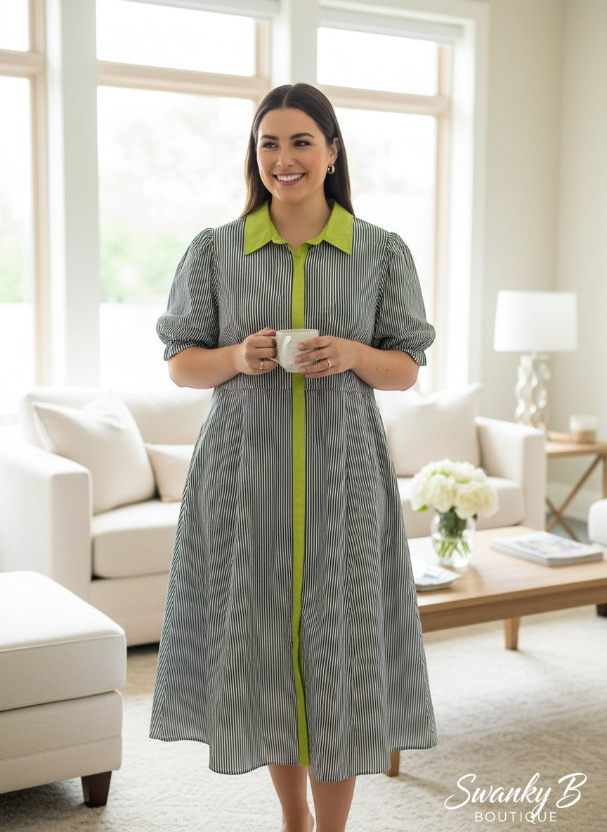 Swanky B Boutique black and white striped midi dress with lime green collar and trim, short puff sleeves, and button front.