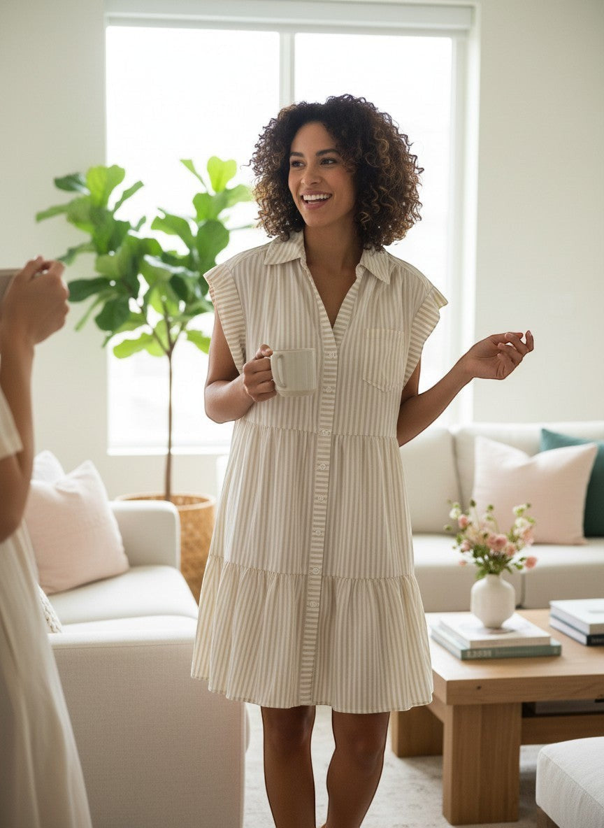 Swanky B Boutique women's beige and white striped tiered mini dress with cap sleeves and button-down front.